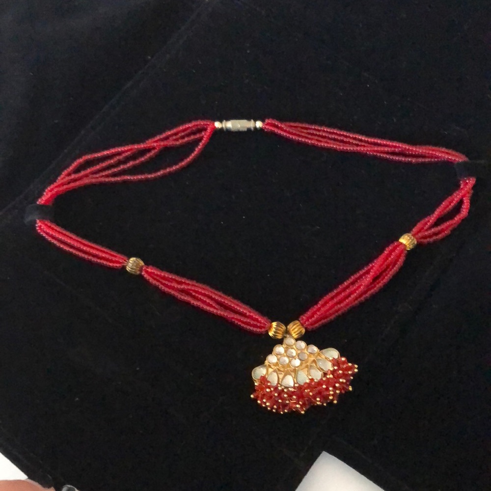 Vintage Indian Statement Necklace with Red Beads and Gold Detail